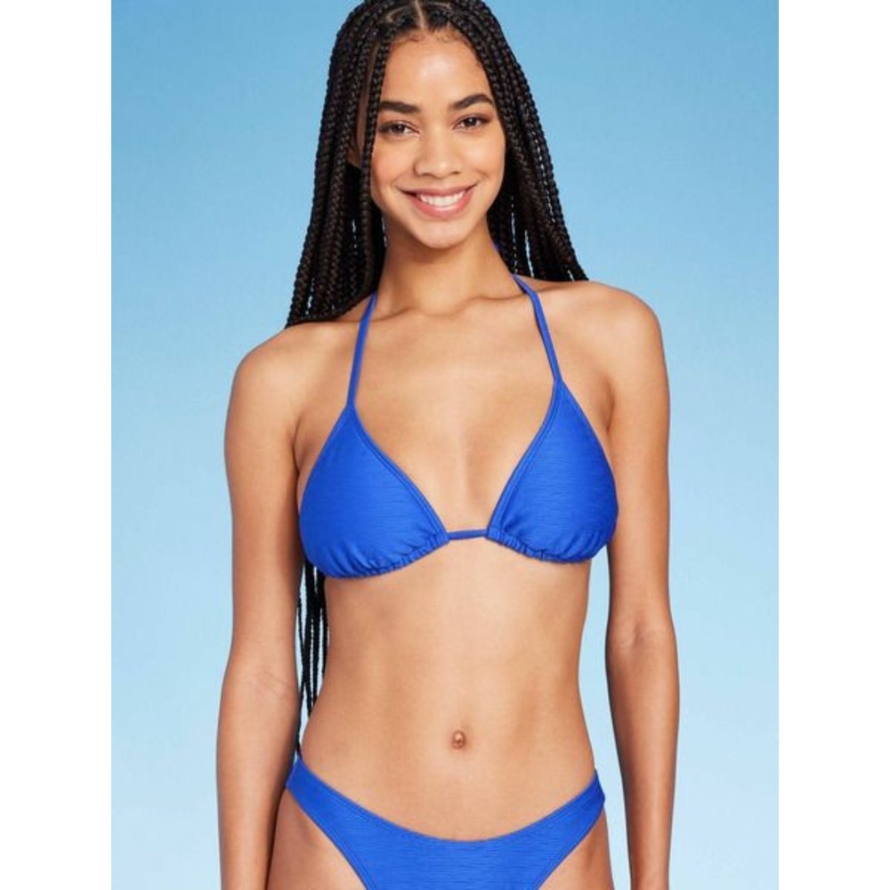 Wild Fable NWT Bikini Set Ribbed Triangle Top Side Tie Cheeky Bottom Blue - S